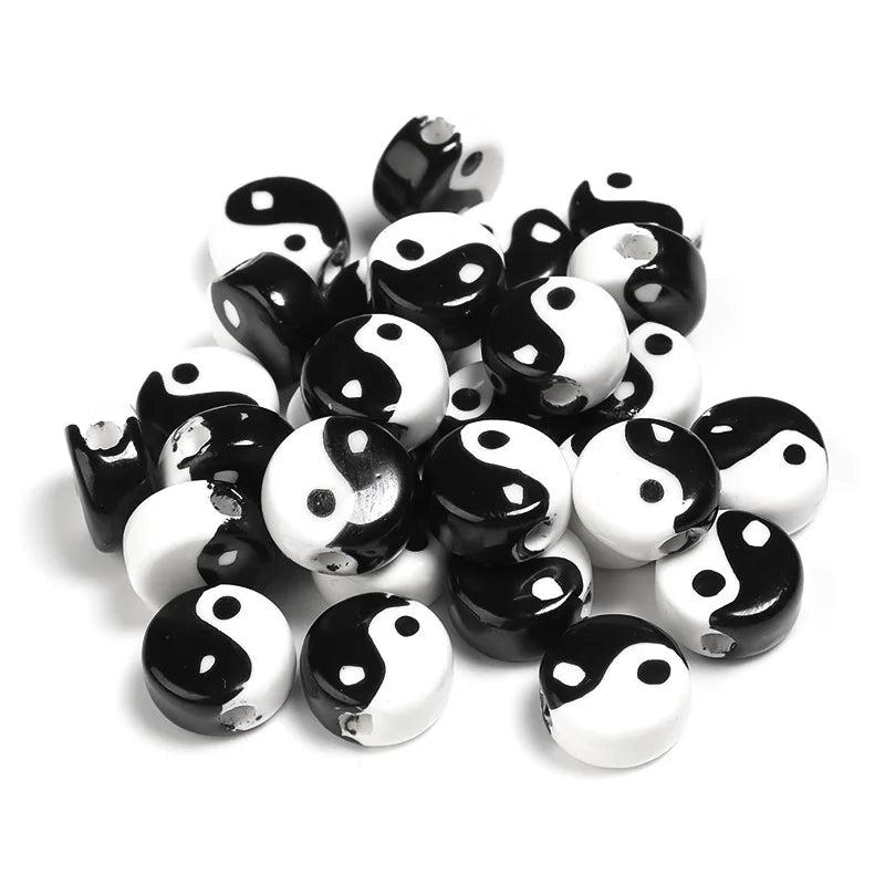 20pcs Ancient Style Tai Chi Gossip Ceramic Beads Flat Round Spacer Bracelet DIY