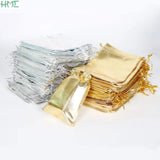50Pcs/lot Gold/Silver Drawstring Organza Jewelry Gift Pouches