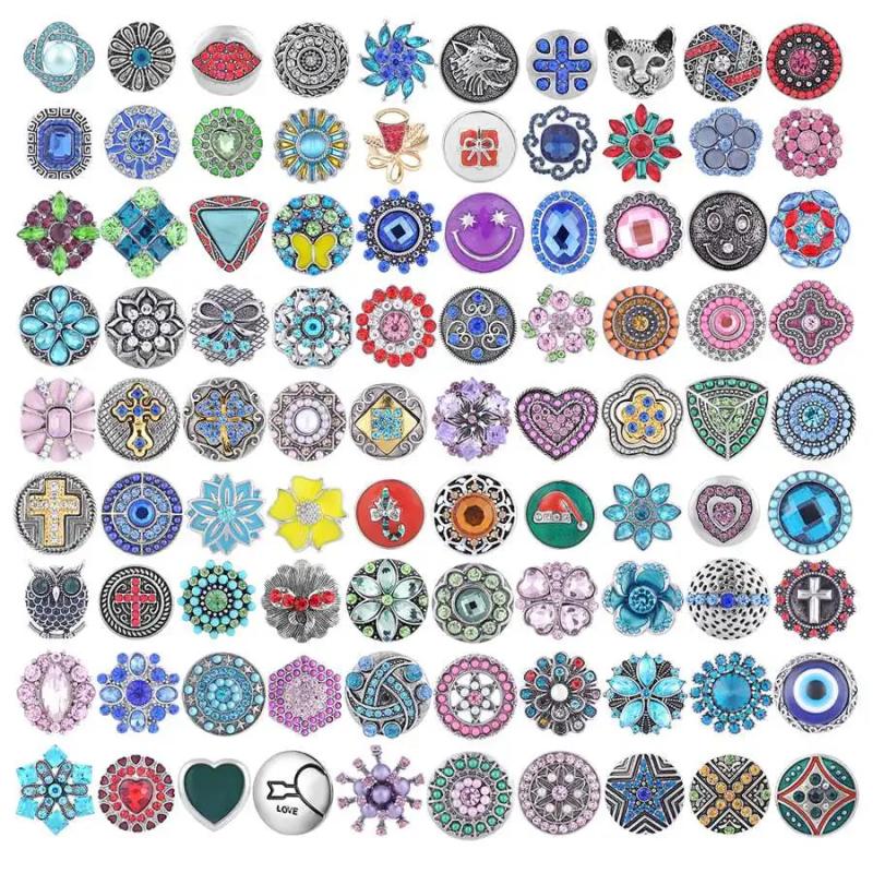 10pcs/lot 18mm Snap Jewelry Mix Many Styles Metal Snap Buttons Rhinestone Snaps