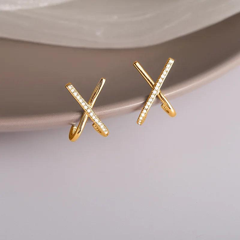 Korea's Cross-Cut Copper Zircon Earrings for Women
