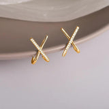 Korea's Cross-Cut Copper Zircon Earrings for Women