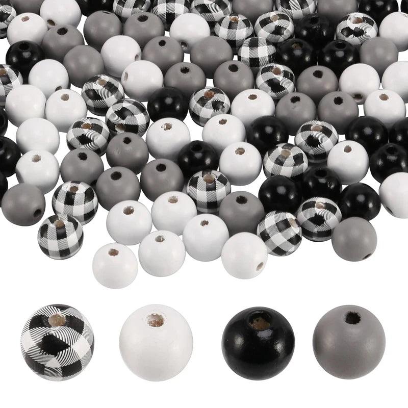 160Pcs Black Plaid Wood Beads for Crafts, Farmhouse Decor, Summer & Christmas
