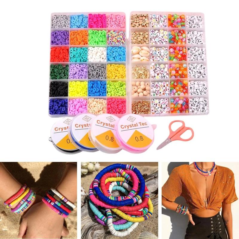 Polymer Clay Beads Elastic Strings Pendant Charms Flat Round Letter Bead