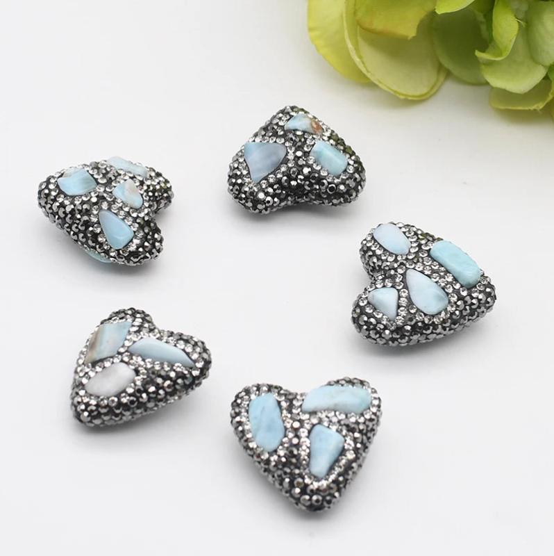 5pcs High Light Larimar Heart Beads With Crystal Zircon 26x25mm