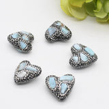 5pcs High Light Larimar Heart Beads With Crystal Zircon 26x25mm