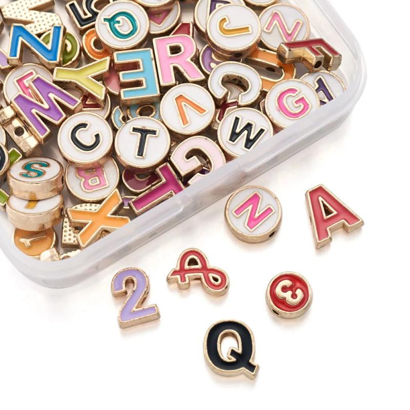 Enamel Letter Beads Flat Round Digital Alphabet Star Number for Jewelry Making