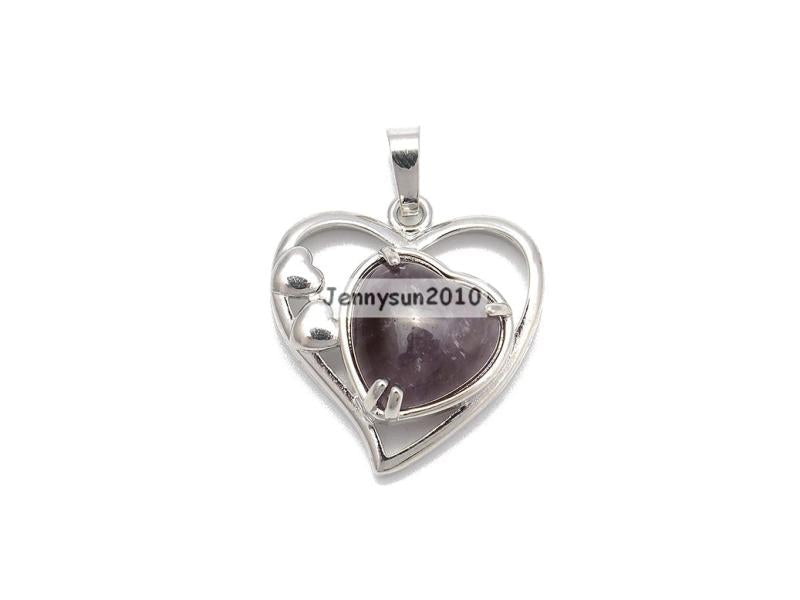 10Pcs/Pack Natural Gemstone Crystal Heart Pendant Charms Silver Plated