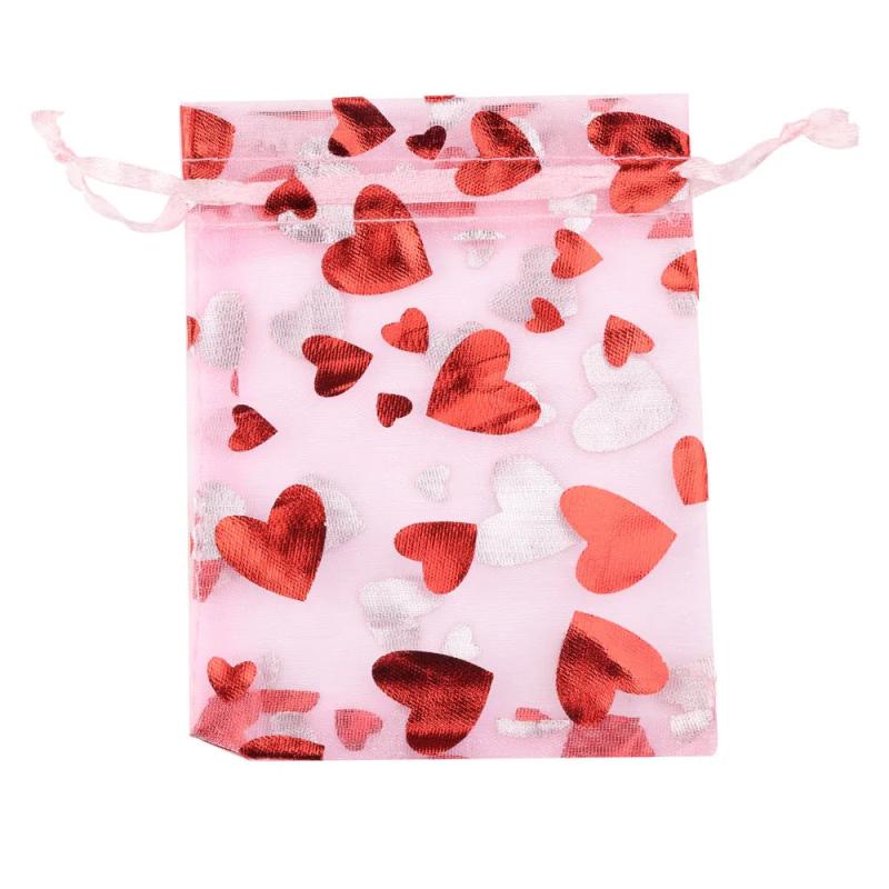 50pcs Organza Gift Bag Hot Red Love Heart Drawstring Pouches Wedding Party Candy