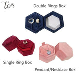 Velvet Double Ring Box Hexagon Wedding Ceremony Ring Box with Detachable Lid