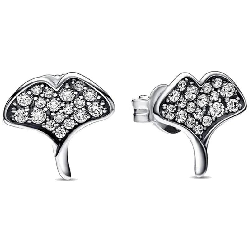 925 Silver Ring Golden Shine Gingko Leaf Heart Line Art Wide Earring