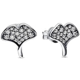 925 Silver Ring Golden Shine Gingko Leaf Heart Line Art Wide Earring