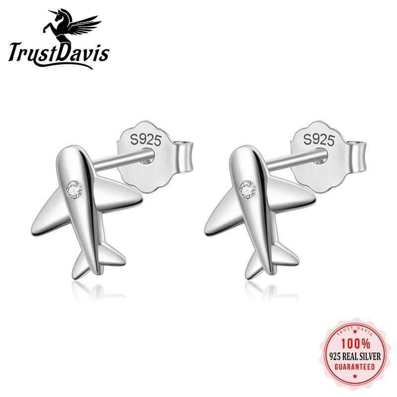 925 Silver Aircraft Airplane Plane Stud Earrings For Women Wedding