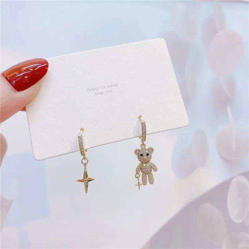14K Zircon Bear Star Stud Earrings for Women