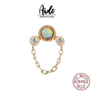 Opal Piercing Chain Stud Earring 925 Sterling Silver Tassel Diamond Inlaid