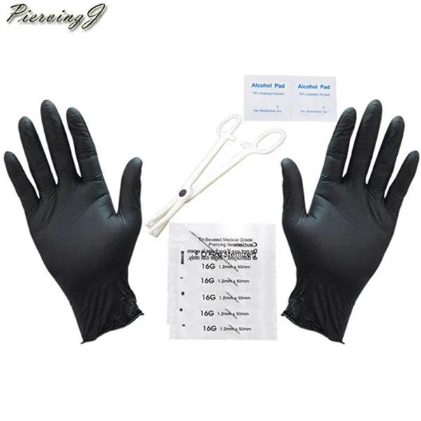 Body Piercing Kit 10 PRO 14G/16G Needle Forcep Jewelry Scissors Glove