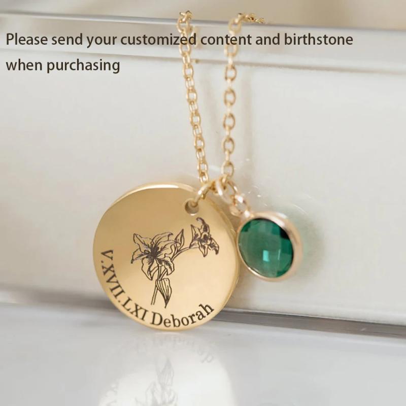 Birth Flower Necklace with Birthstone & Engraved Name Date