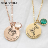 Birth Flower Necklace with Birthstone & Engraved Name Date