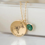 Birth Flower Necklace with Birthstone & Engraved Name Date