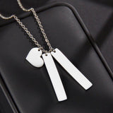 2 Rectangles Heart Engraved Name Date Number Necklace Stainless Steel