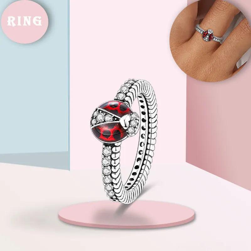Cat Ladybug Zircon Stackable Rings Silver 925 Women Jewelry