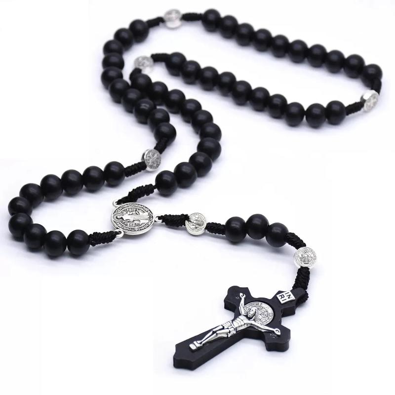 Catholic Rosary Necklace Wooden Beads Cross Religious Jesus Jewelry