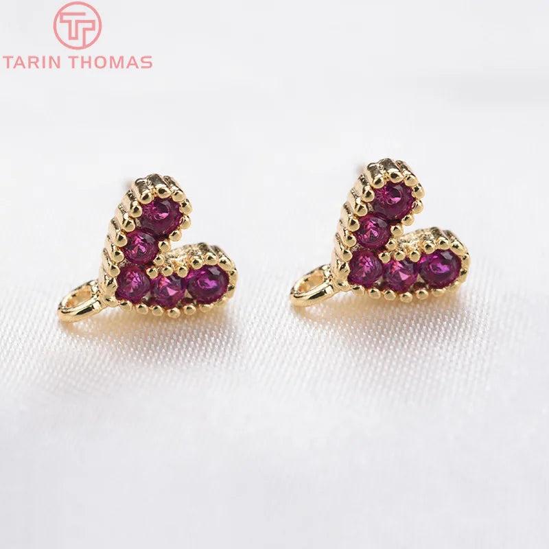 6PCS 6x7.5MM 24K Plated Brass Zircon Heart Stud Earrings DIY Jewelry Findings