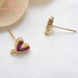 6PCS 6x7.5MM 24K Plated Brass Zircon Heart Stud Earrings DIY Jewelry Findings