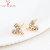 6PCS 6x7.5MM 24K Plated Brass Zircon Heart Stud Earrings DIY Jewelry Findings