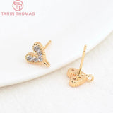 6PCS 6x7.5MM 24K Plated Brass Zircon Heart Stud Earrings DIY Jewelry Findings