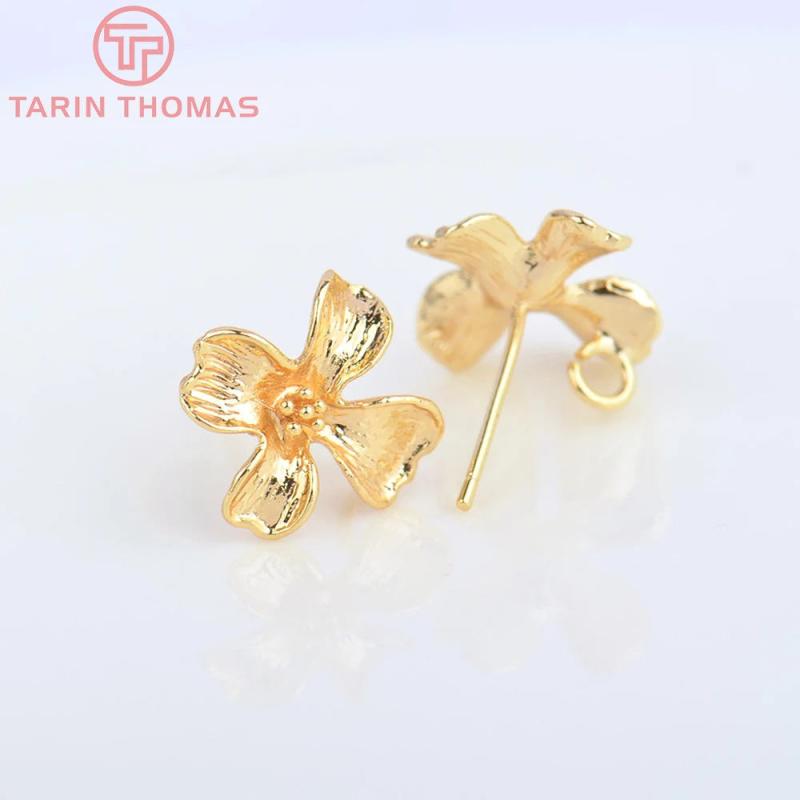 6PCS 12x13.5MM 24K Brass Flower Stud Earrings DIY Jewelry Findings