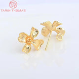 6PCS 12x13.5MM 24K Brass Flower Stud Earrings DIY Jewelry Findings