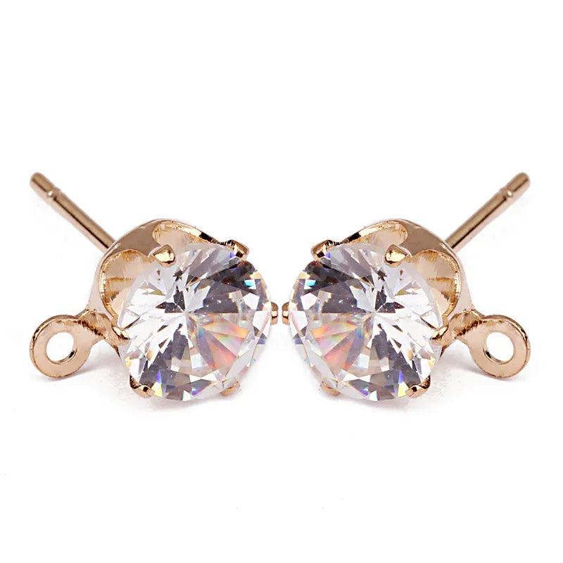 50pcs CZ Zircon Stud Earrings 6/8mm Copper Rhodium Loop Findings