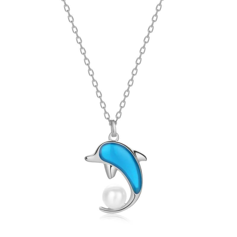 925 Silver Dolphin Shell Pearl Pendant Necklace Women Engagement