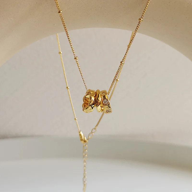 French Vintage Zircon Three-ring Necklace 925 Silver Jewelry