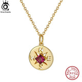 925 Silver Necklace with Round Compass Pendant & Garnet Red Gemstone