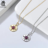 925 Silver Necklace with Round Compass Pendant & Garnet Red Gemstone