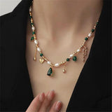 Green Malachite Beads Pearl Tassel Necklace Zircon Pendant Charm