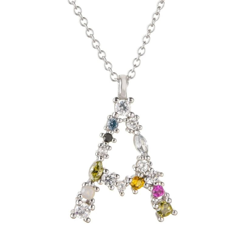 925 Silver Initial M S Pendant Alphabet Necklace Women Name Crystal Jewelry