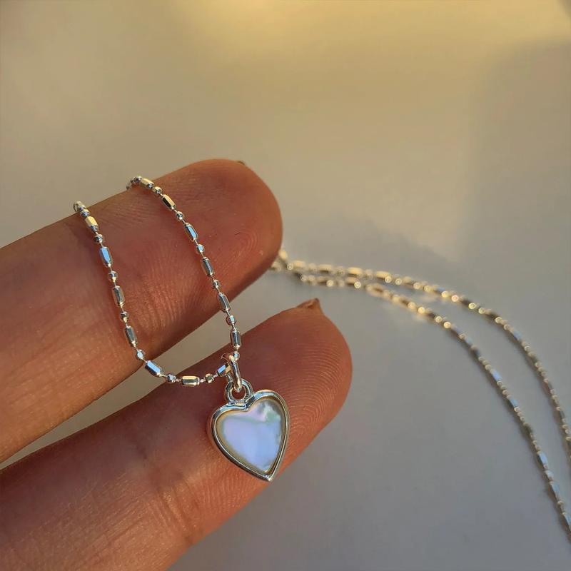 925 Silver Heart Pearl Pendant Necklace Women Choker Charms