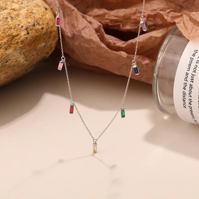 Colorful 925 Silver Necklace Colored Zircon Pendant Choker
