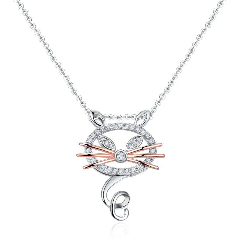 925 Silver Cat Pendant Rose Choker Zircon Necklace