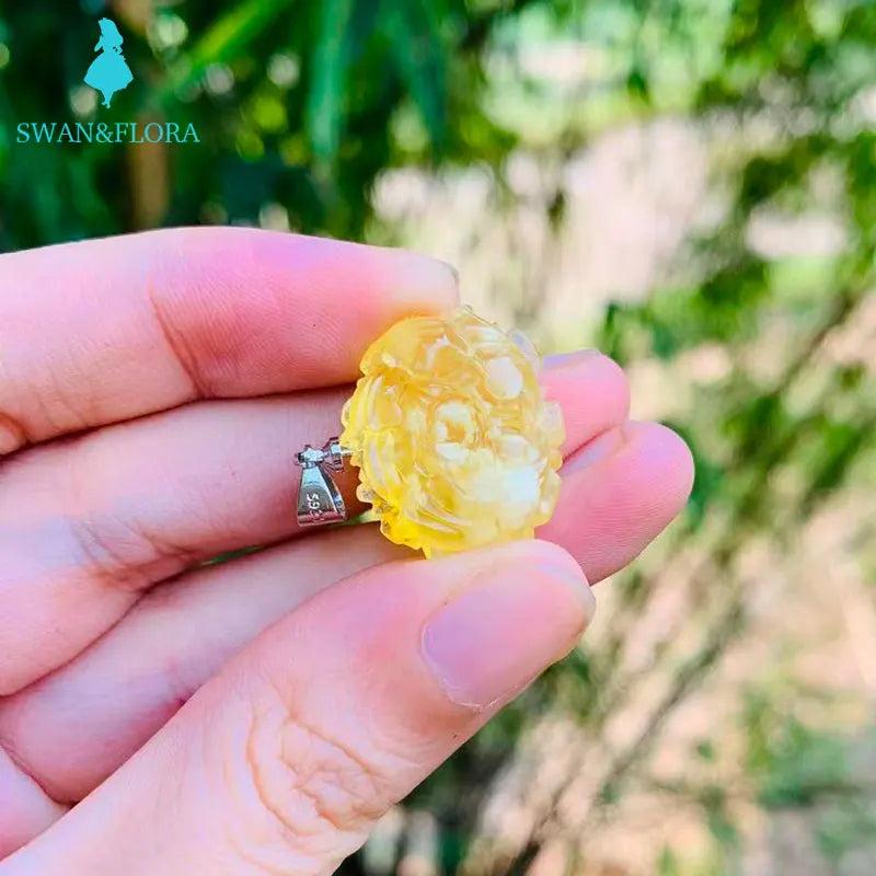 Natural Amber Necklace Pendant Flower Gemstone Women High Jewelry