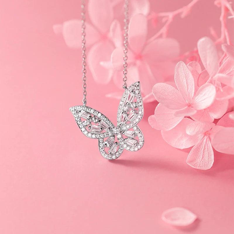 925 Silver Butterfly Necklace Clear CZ Pendant Women's Jewelry