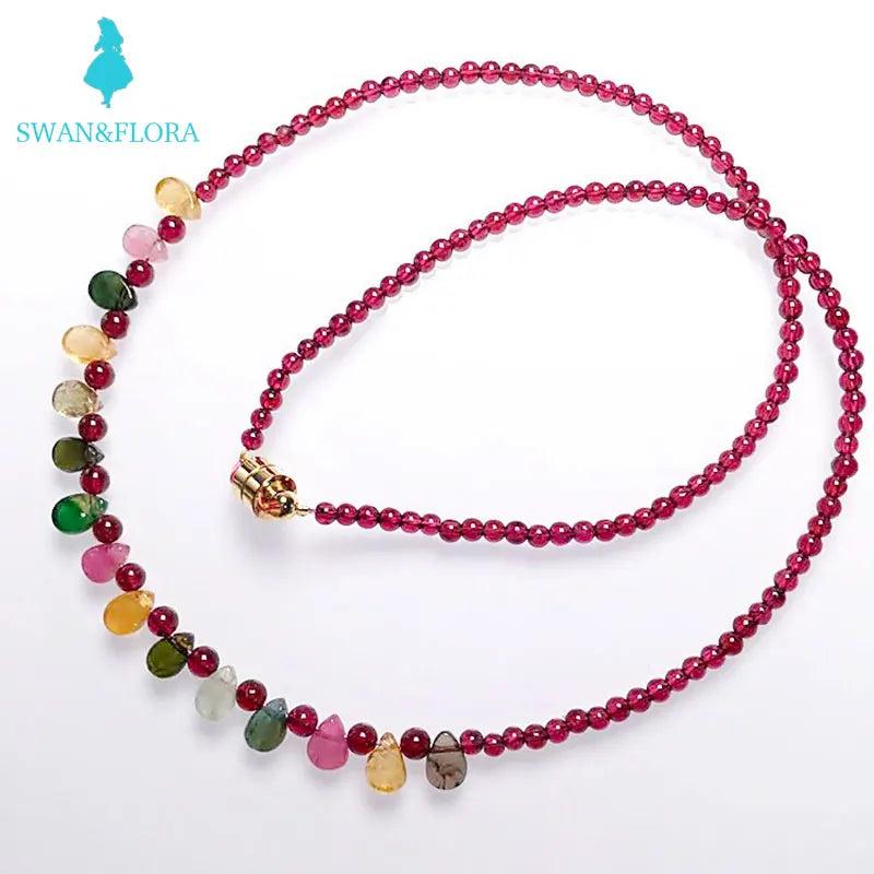 Natural Garnet Necklace with Tourmaline Drop 14K Plated Magnetic Buckle