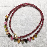 Natural Garnet Necklace with Tourmaline Drop 14K Plated Magnetic Buckle