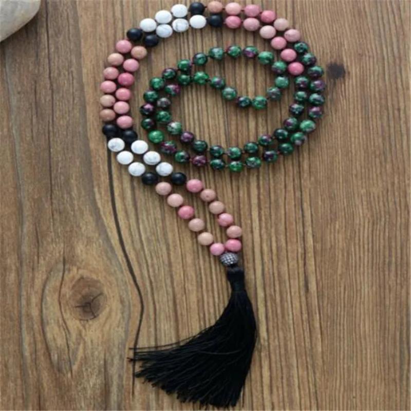 8mm Rhodochrosite 108 Buddha Beads Tassels Necklace DIY Bless Chakas