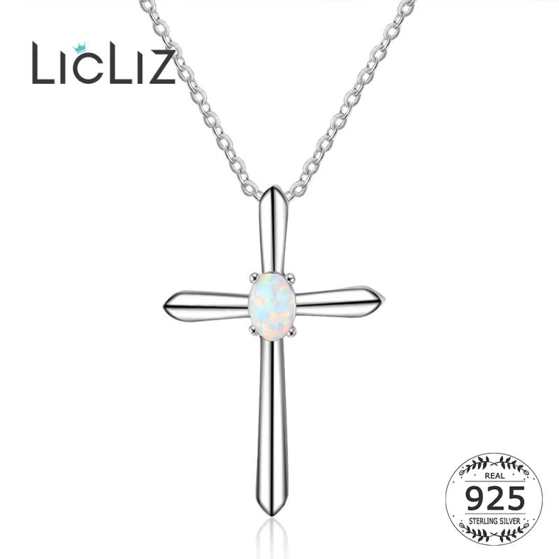 925 Silver Cross Opal Pendant Necklace Long Link Chain Jewelry Gift