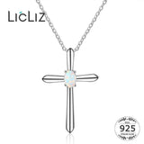 925 Silver Cross Opal Pendant Necklace Long Link Chain Jewelry Gift