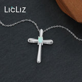 925 Silver Cross Opal Pendant Necklace Long Link Chain Jewelry Gift