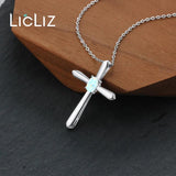 925 Silver Cross Opal Pendant Necklace Long Link Chain Jewelry Gift